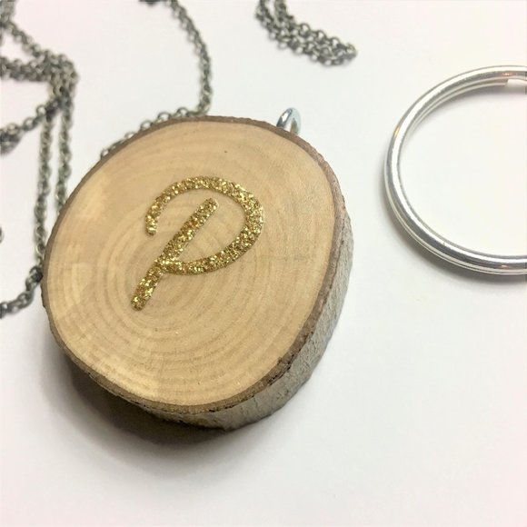 Initial Jewelry, P Initial Wood Slice Pendant, Key Chain, Necklace, Personalized - Picture 1 of 4